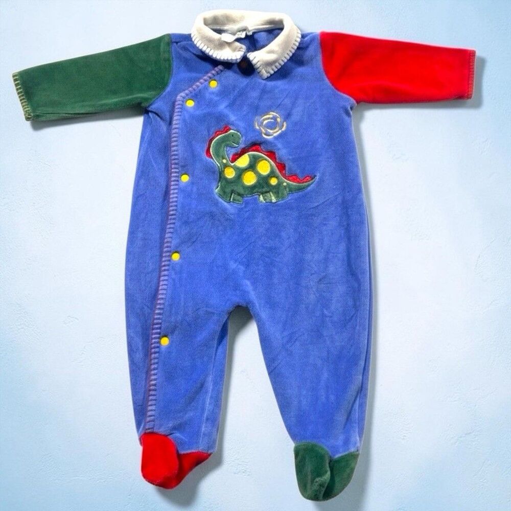 Vintage 90s Little Me Fleece Dinosaur Outfit Footie Pajama 6 Month Velour Warm